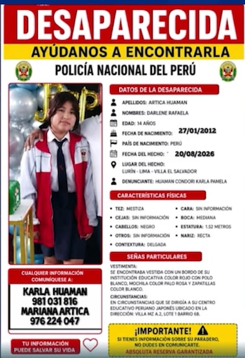 Darlene Artica Huamán, de 14 años, permanece desaparecida desde el 20 de agosto tras salir de su vivienda rumbo a su colegio - Créditos: Captura de pantalla de Exitosa.
