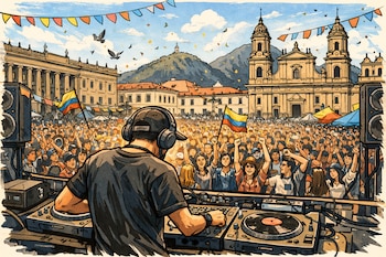 Ilustración de DJ con auriculares y equipo de mezcla, multitud con banderas de Colombia, edificios históricos, montañas y banderines festivos.