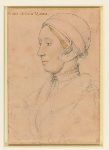 Dibujo a lápiz de una mujer de perfil mirando a la izquierda, con un tocado blanco que cubre su cabello y parte de la cabeza, sobre papel tintado