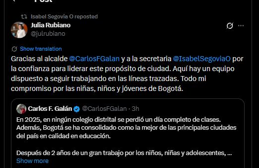 Julia Rubiano se pronunció tras su llegada a la cabeza de la Secretaría de Educación - crédito @julrubiano/X