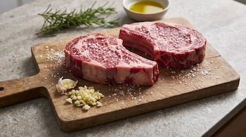 Dos cortes de carne cruda con sal gruesa, ajo picado y una rama de romero sobre una tabla de madera junto a un tazón con aceite.