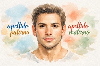 Ilustración en acuarela de un rostro masculino genérico de frente, con las palabras 'apellido paterno' a la izquierda y 'apellido materno' a la derecha sobre un fondo pastel abstracto.