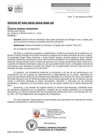 Oficio enviado por la tercera