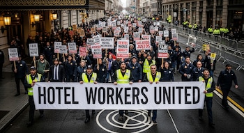 Gran multitud de trabajadores hoteleros marchando por una calle, liderados por una pancarta que dice 'HOTEL WORKERS UNITED'. Llevan chalecos y carteles.