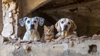 Dos perros y un pequeño gato atigrado asoman la cabeza por el hueco de un muro de concreto destruido