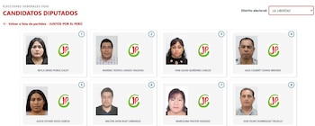 Captura de pantalla mostrando ocho candidatos a diputados con sus fotos, nombres y el logo de JP, para el distrito electoral La Libertad, Elecciones 2026