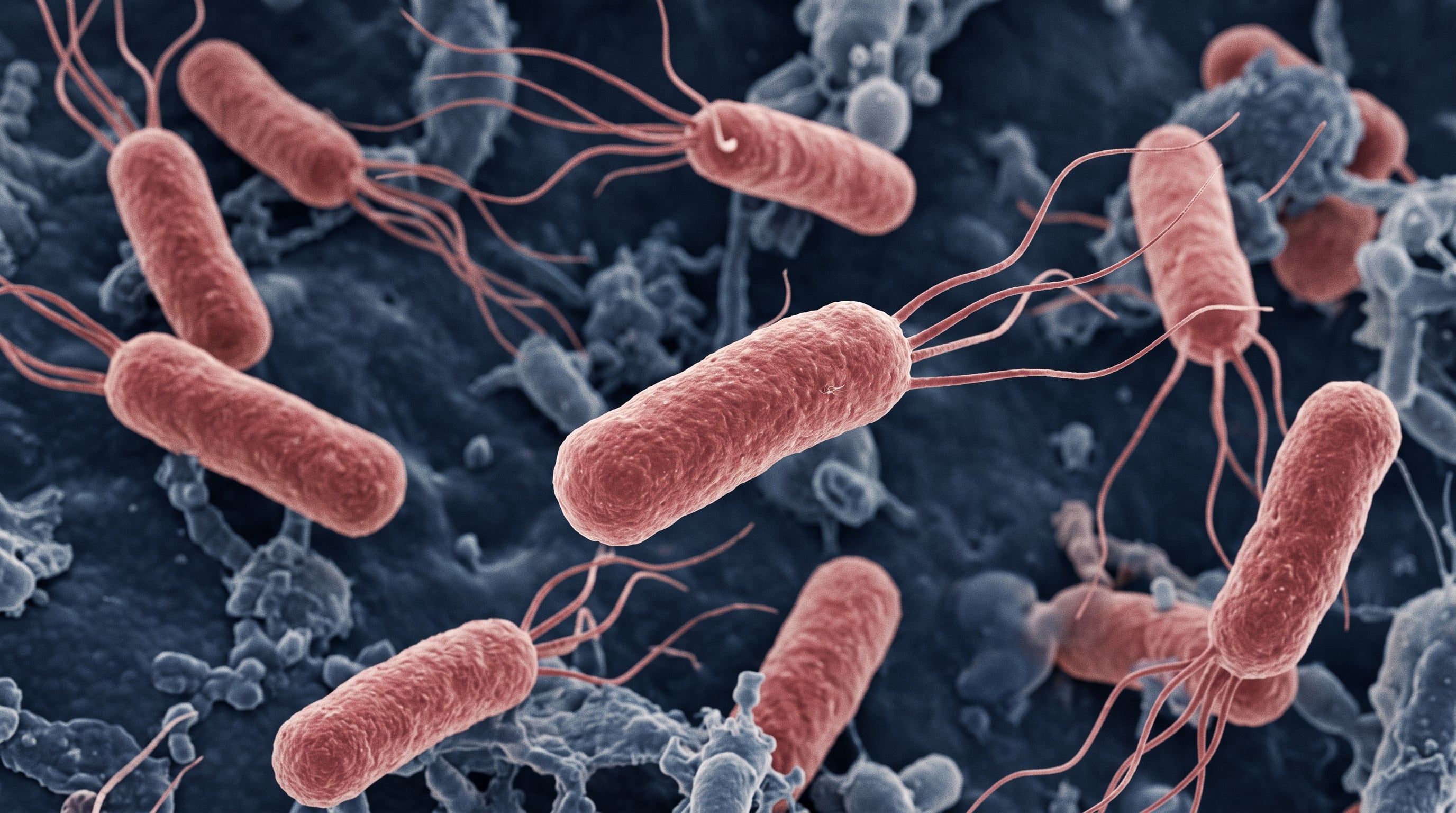 Bacterias del género Salmonella con forma alargada y flagelos se distribuyen sobre un fondo biológico. (Imagen Ilustrativa Infobae)