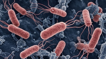 Bacterias de color rosado con forma de cápsula y múltiples filamentos delgados sobre una superficie celular rugosa de tono azulado.