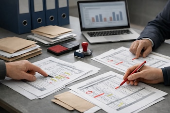 Dos personas revisan documentos electorales con marcas y resaltados sobre una mesa; se ven sobres, sellos, carpetas azules y una laptop con gráficos de barras.