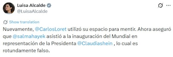 Luisa Alcalde acusó a Loret de Mola de difundir información falsa sobre Salma Hayek y el Mundial.