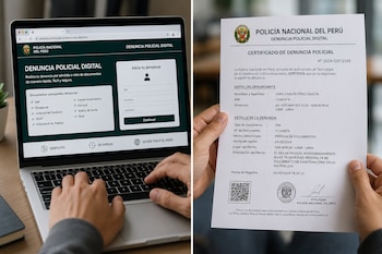 Una computadora con el portal de denuncia policial digital a la izquierda y unas manos que sostienen un certificado impreso a la derecha