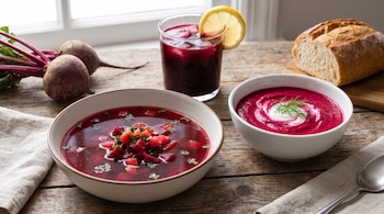 Dos tazones con sopa de remolacha, un vaso de zumo de remolacha con hielo y limón, dos remolachas enteras, pan y una cuchara sobre mesa de madera.