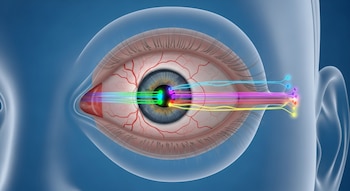 Vista frontal de un ojo humano transparente que muestra la retina y los conos en la fóvea. Rayos de luz de colores viajan desde los conos hacia el nervio óptico.