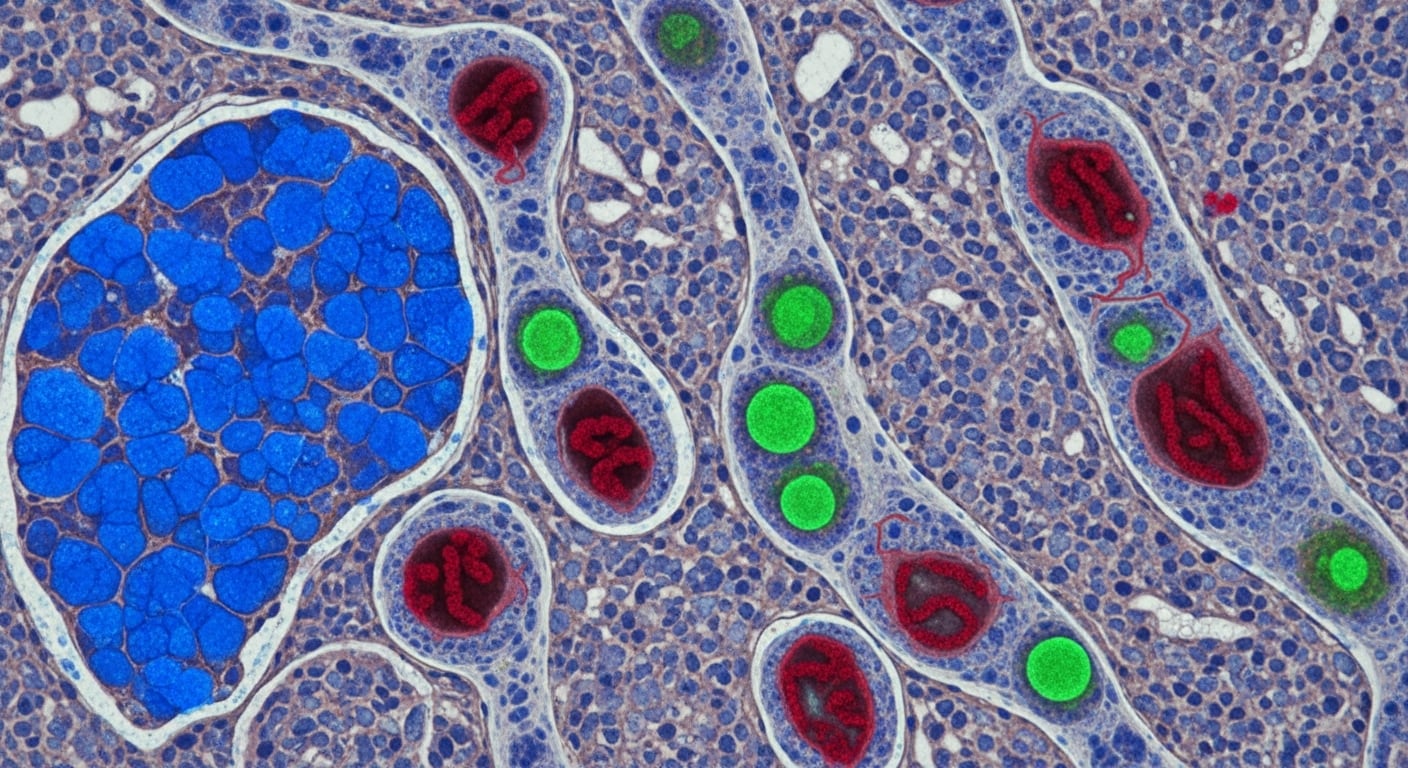 Células de tejido en investigación sobre la relación entre el herpesvirus y el alzhéimer, donde se observan elementos marcados en azul, rojo y verde bajo el microscopio. (Imagen Ilustrativa Infobae)