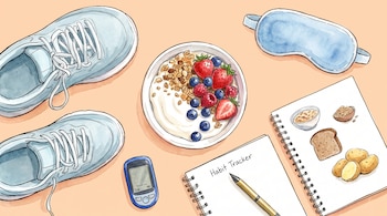 Dos zapatillas deportivas, un bol de yogur con granola y frutos rojos, un glucómetro, un antifaz, un cuaderno con 'Habit Tracker' y otro con carbohidratos.
