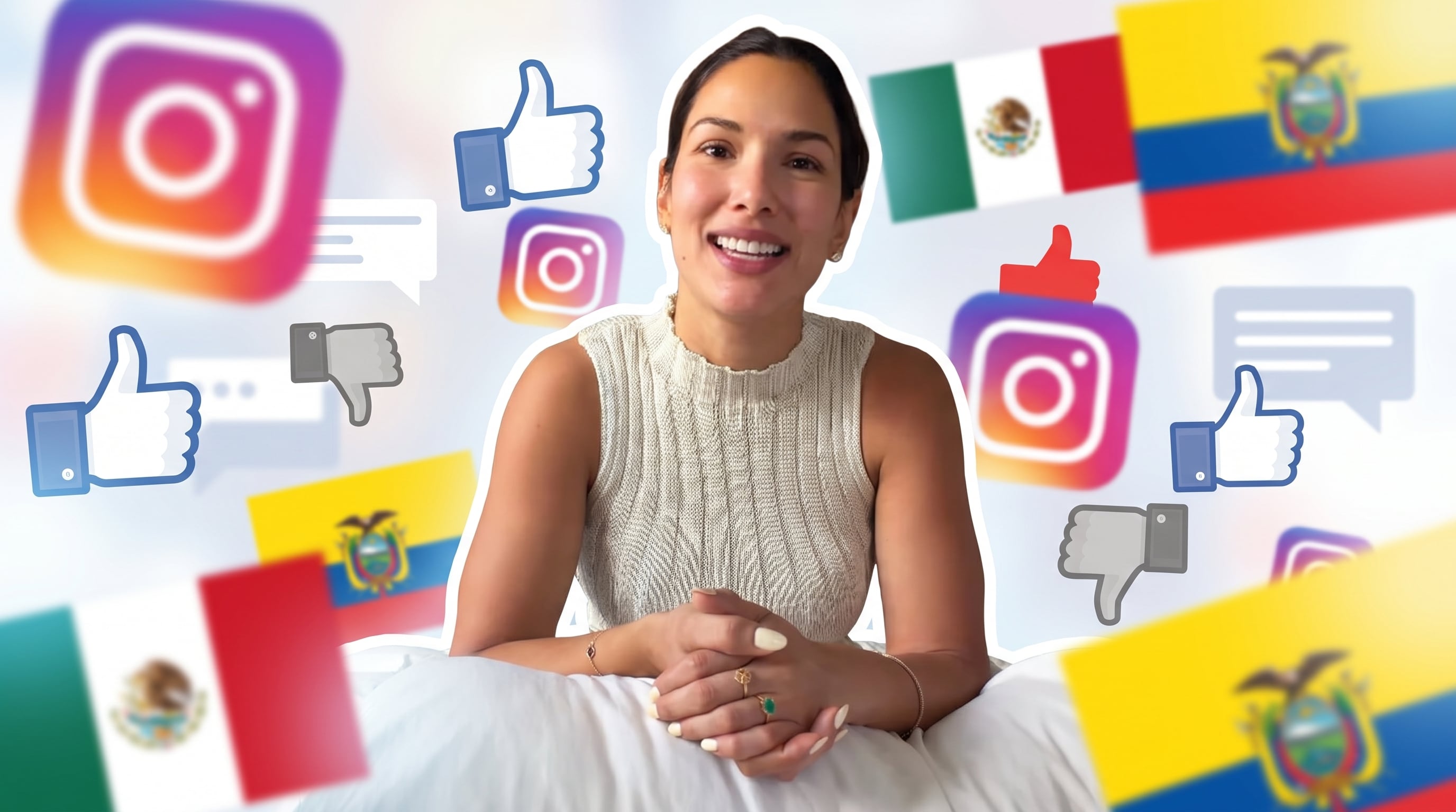 Alejandra Jaramillo sonríe mientras iconos de redes sociales y banderas de México y Ecuador la rodean, indicando el contexto de su interacción digital. (Imagen Ilustrativa Infobae)