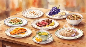 Mesa de madera con siete platos que contienen yogur, frutos secos, queso, uvas, carne, limón, cereales, legumbres, salmón, té, naranja, arroz, ajo y cebolla.