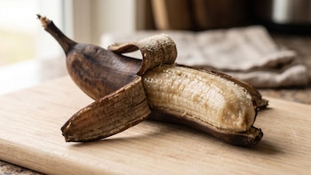 Una banana parcialmente pelada con la piel café oscura y la pulpa expuesta sobre una tabla de madera