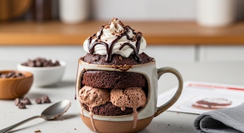 Primer plano de un bizcocho de chocolate en taza con dos bolas de helado de chocolate derritiéndose, coronado con crema batida y sirope.