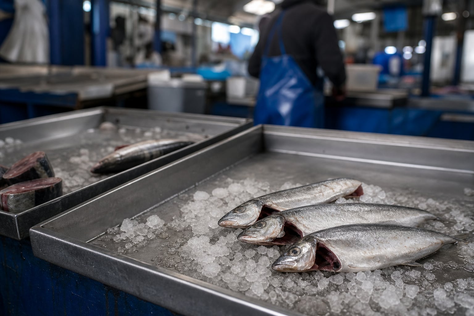 Un puesto de venta de pescado en un mercado del Callao presenta pocas piezas sobre hielo en sus bandejas metálicas ante la baja disponibilidad de producto. (Imagen Ilustrativa Infobae)