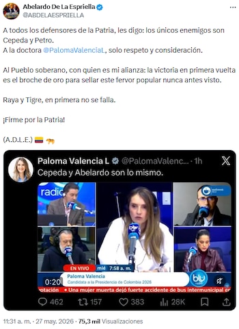 Abelardo de la Espriella: “Los únicos enemigos son Cepeda y Petro”, tras declaraciones de Paloma Valencia - crédito @ABDELAESPRIELLA/X