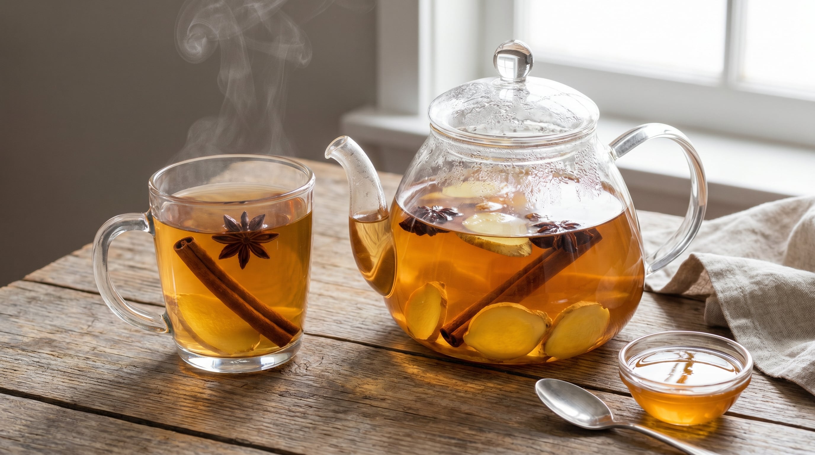 Una tetera de vidrio y una taza humeante de infusión de jengibre y canela reposan sobre una mesa de madera, con rodajas de jengibre, anís estrellado y miel. (Imagen Ilustrativa Infobae)