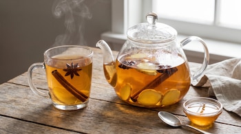 Una tetera de vidrio transparente y una taza humeante llenas de infusión con rodajas de jengibre, anís estrellado y canela, sobre una mesa de madera.