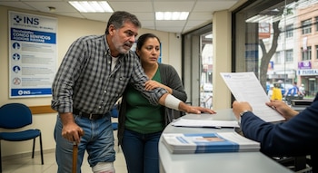 Hombre con pierna vendada y bastón, junto a una mujer, en un mostrador de Seguros INS. Otra persona sostiene documentos en la ventanilla.