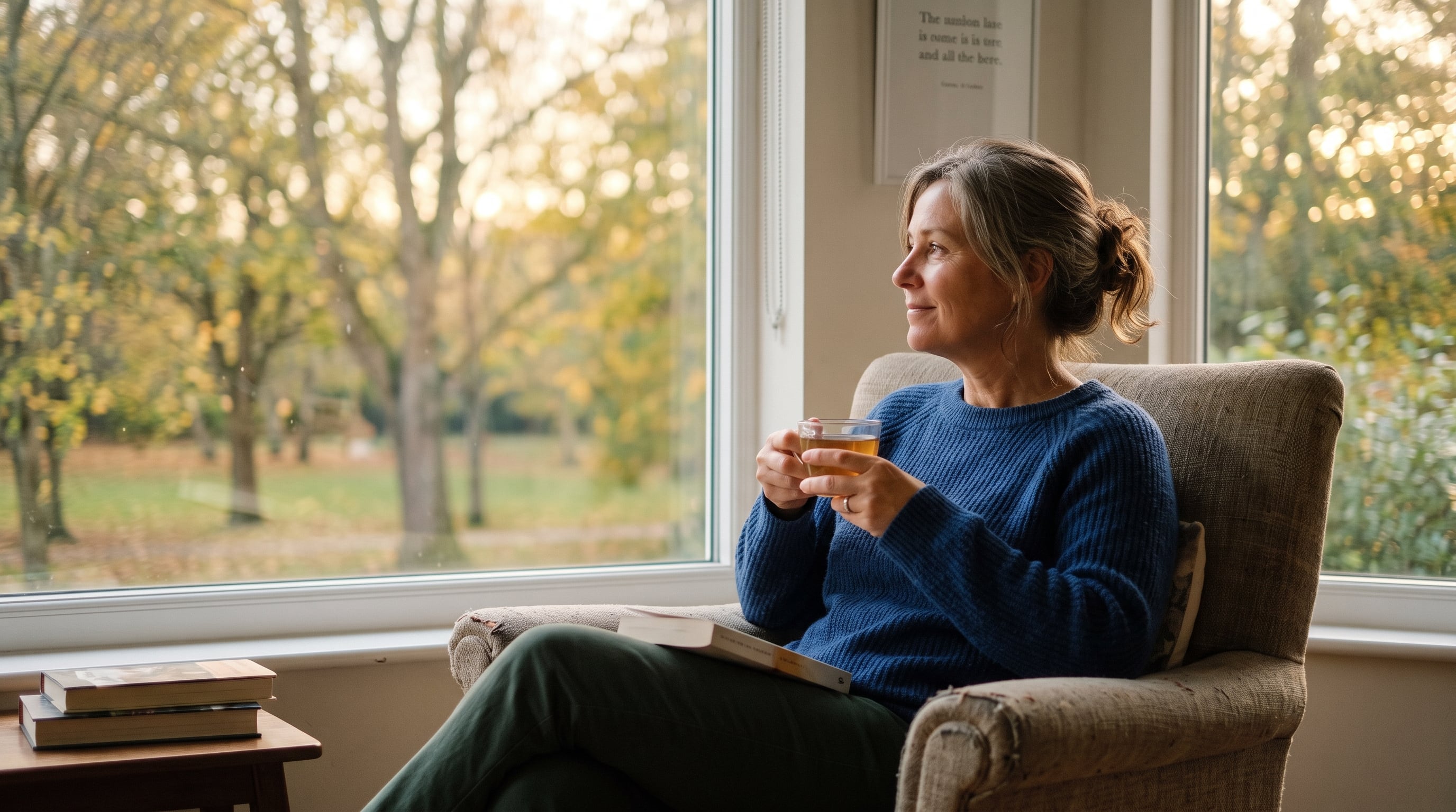 Una mujer contempla el paisaje otoñal desde un sillón mientras sostiene una taza de té, en un momento asociado a la soledad elegida y el bienestar personal. (Imagen Ilustrativa Infobae)