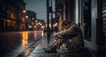 Hombre indigente, desprolijo, sentado en una acera mojada bajo la lluvia torrencial de una calle oscura en Bogotá, con una figura encapuchada en el fondo.