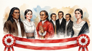 Túpac Amaru II, Micaela Bastidas, Mateo Pumacahua, tres hermanos Angulo y María Parado de Bellido en acuarela. Cinta bicolor con escarapelas.
