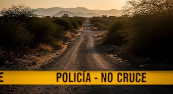 Un camino de terracería bordea vegetación seca, con montañas al fondo. En primer plano, una cinta amarilla de policía con la inscripción "POLICÍA - NO CRUCE".