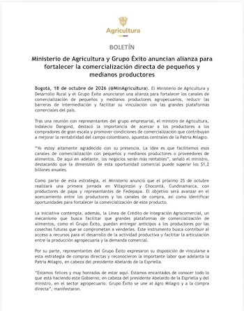 La iniciativa entre el sector público y privado proyecta transacciones comerciales por más de 1,2 billones de pesos al año - crédito @MinAgricultura/X