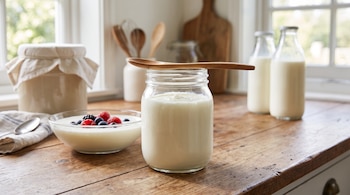 Un frasco de cristal con kéfir y una cuchara de madera sobre él, un bol de cristal con kéfir, frambuesas y arándanos, y dos botellas de leche.