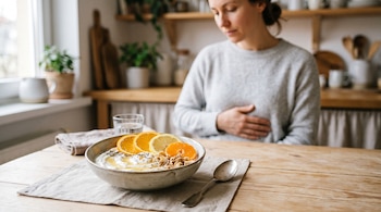 Un recipiente con yogur, rodajas de cítricos y semillas sobre una mesa junto a una mujer que coloca su mano en el abdomen.