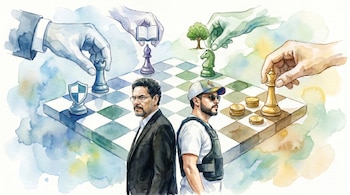 Ilustración acuarela de dos hombres frente a un tablero de ajedrez. Manos interactúan con piezas de ajedrez, un libro, un árbol, un escudo y monedas.