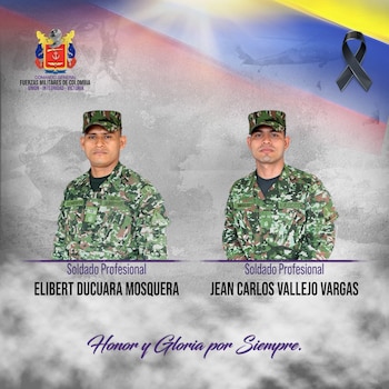 Desde el Comando de las Fuerzas Militares lamentaron la muerte de los soldados Elibert Ducuara y Jean Carlos Vallejo - crédito @COMANDANTE_FFMM / X