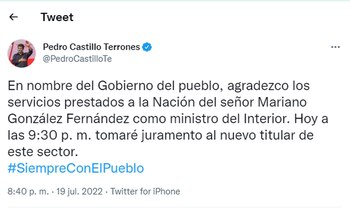 Tuit de Pedro Castillo