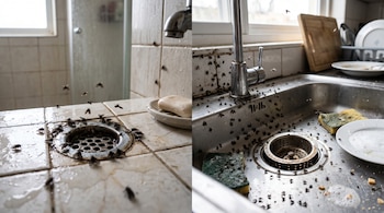 Un desagüe de lavabo de baño con azulejos y un fregadero de cocina metálico con moscas pequeñas alrededor de sus sumideros.