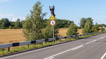 Carretera asfaltada con barrera metálica, campo de cultivo seco, árboles y cielo azul; una figura de oso sobre señales de tráfico con un animal y el número 5.