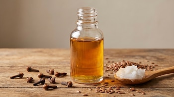 Frasco transparente con líquido dorado, clavos de olor enteros, semillas de linaza, y una cuchara de madera con aceite de coco sólido en una mesa.