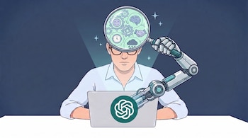 Un hombre de lentes usa una laptop con el logo de ChatGPT, mientras un brazo robótico sostiene una lupa sobre su cabeza mostrando engranajes, cerebro, apretón de manos, reloj y nube.