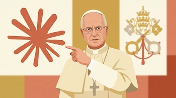 Ilustración plana: Papa Leo XIV con túnica blanca y gafas, ceño fruncido, señalando un logo de asterisco terracota. Fondo: escudo del Vaticano difuso.