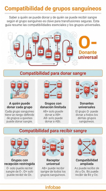 Infografía detallada mostrando la compatibilidad de grupos sanguíneos para donar y recibir, con ilustraciones de bolsas de sangre y flujos de transfusión.