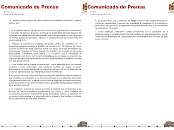 El Ejército informó que los secuestrados fueron usados como escudo humano durante el bloqueo de la vía en Chocó - crédito @Ejercito_Div7 / X