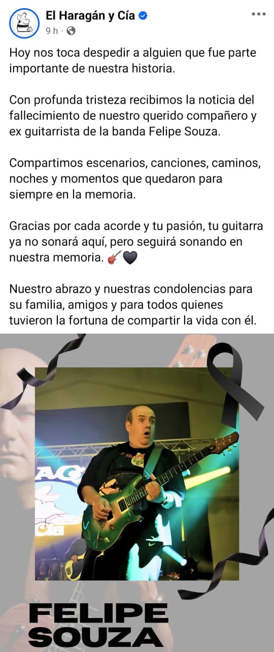 La banda de rock El Haragán y Cía comunicó a través de redes sociales el fallecimiento de su exguitarrista Felipe Souza. (Facebook)