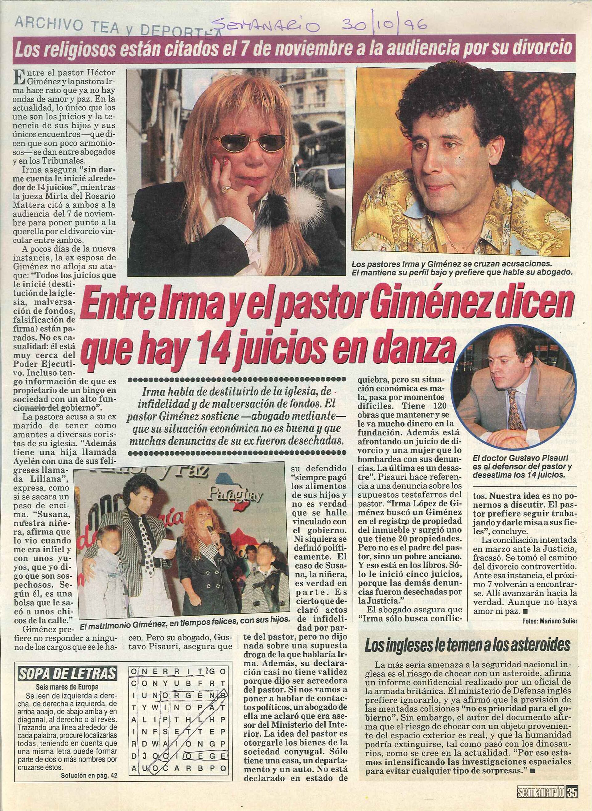 El polémico divorcio del Pastor Giménez y la Pastora Irma se reflejó en todos los medios de la época (Revista Semanario - Gentileza del archivo Tea y Deportea)