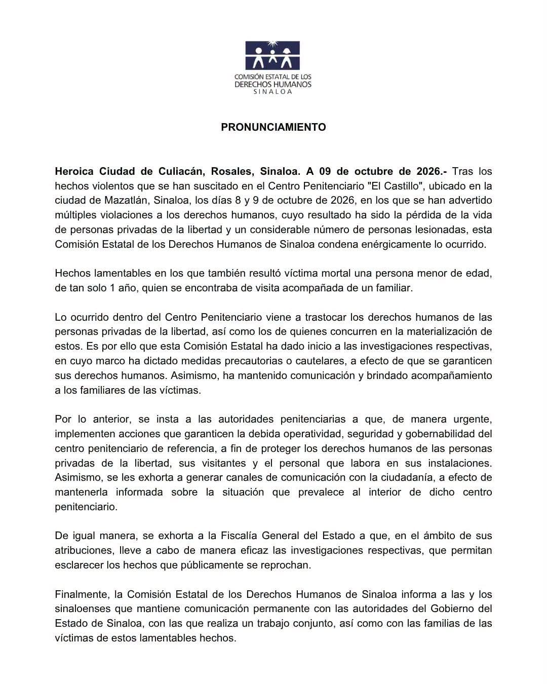 La CEDH confirmó que está en contacto con familiares de las víctimas. Crédito: Facebook - Comisión Estatal de Derechos Humanos de Sinaloa
