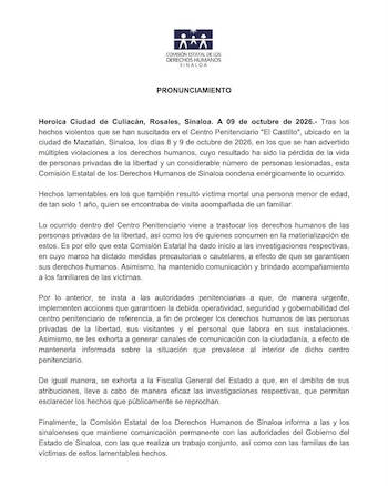 La CEDH confirmó que está en contacto con familiares de las víctimas. Crédito: Facebook - Comisión Estatal de Derechos Humanos de Sinaloa