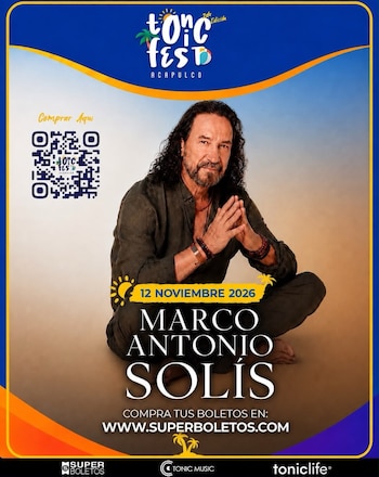 Marco Antonio Solís sentado con las manos juntas sobre un fondo gráfico que incluye un código QR y datos del evento
